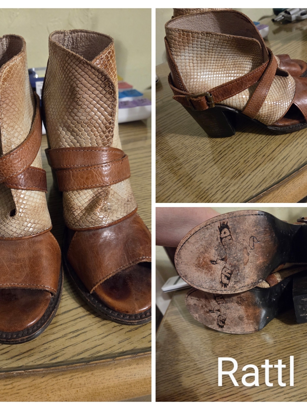 Freebird by Steven Rattl Brown and Tan Snake-Texture Open-Toe Heeled Boots